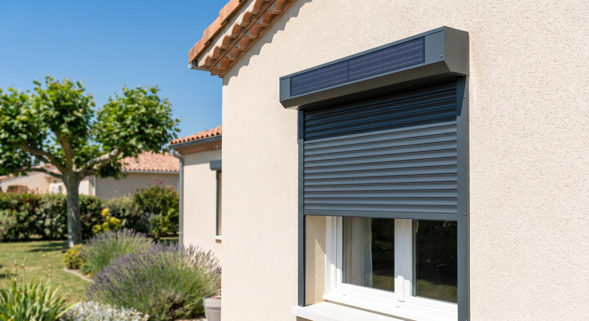 Gros plan sur une maison résidentielle avec fenêtre et volet roulant fermé en position basse, le volet affichant clairement une petite cellule solaire noire intégrée en haut du coffre du volet, sous un ciel bleu ensoleillé. La cellule solaire est visible et reconnaissable comme le système d'alimentation autonome du volet. La maison et le volet doivent être modernes et bien entretenus, illustrant une rénovation de qualité. Photo de jour, éclairage naturel mettant en évidence le détail technologique du volet solaire.