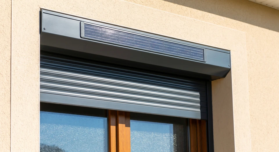Gros plan d'un volet roulant fermé montrant clairement le panneau photovoltaïque intégré en haut du boîtier, installé sur la fenêtre d'une maison résidentielle en journée ensoleillée. Le volet est en position baissée, la lumière naturelle illumine le panneau solaire. L'arrière-plan montre la façade de la maison de manière discrète.