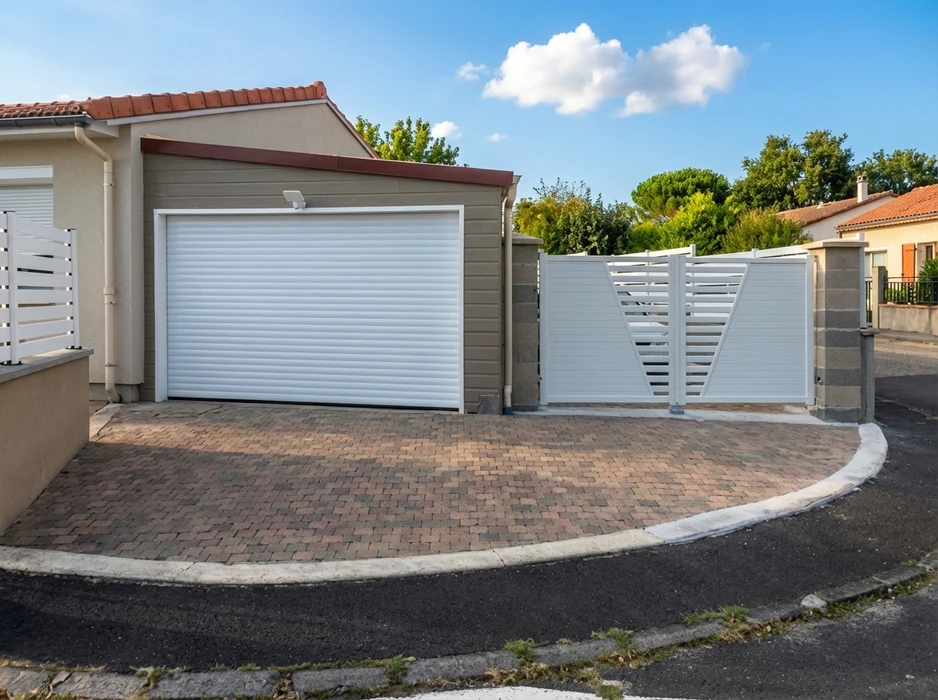 Allée privée en pavés de béton multicolores desservant un garage individuel équipé d'une porte sectionnelle à enroulement blanche