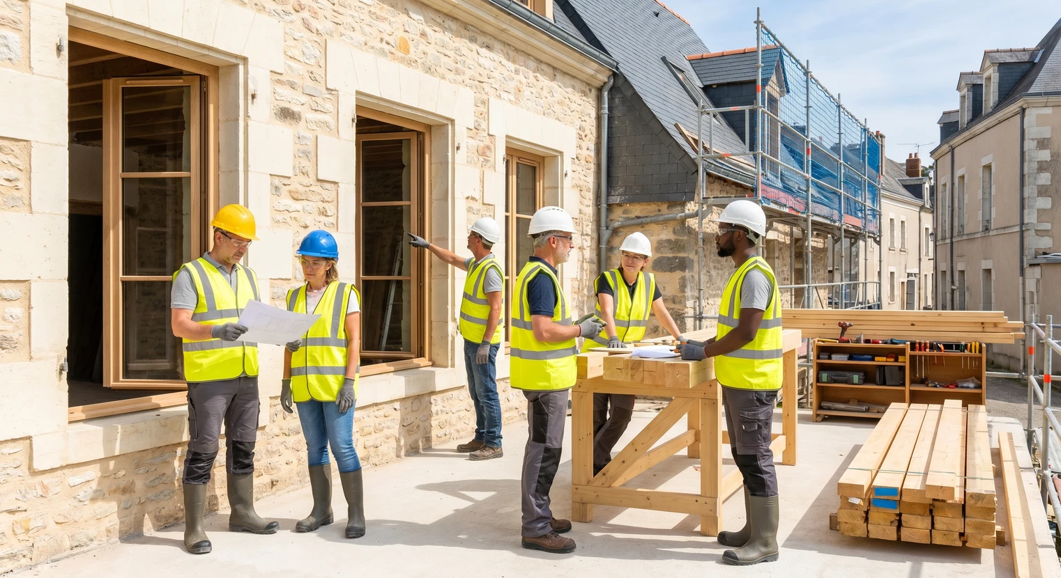 Photo professionnelle montrant l'équipe de l'entreprise réunie dans un contexte de chantier ou d'atelier moderne, avec plusieurs personnes d'âges et de profils variés, portant des tenues de travail appropriées (gilets de sécurité, uniformes professionnels), illustrant la collaboration, la diversité des compétences et l'approche collective et professionnelle d'une entreprise groupée aux métiers complémentaires.