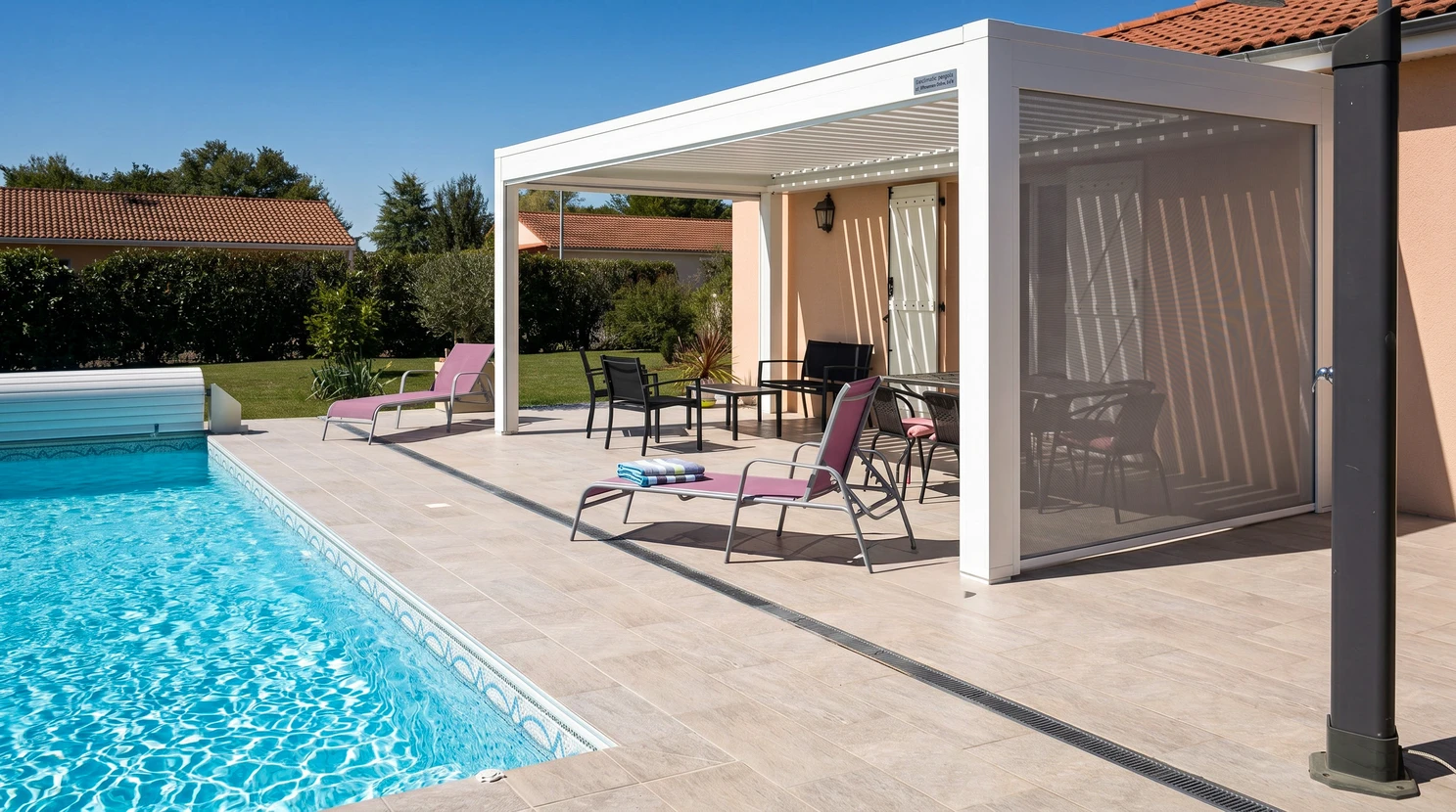 Entrée extérieure d'une résidence moderne avec portail et clôture en aluminium gris