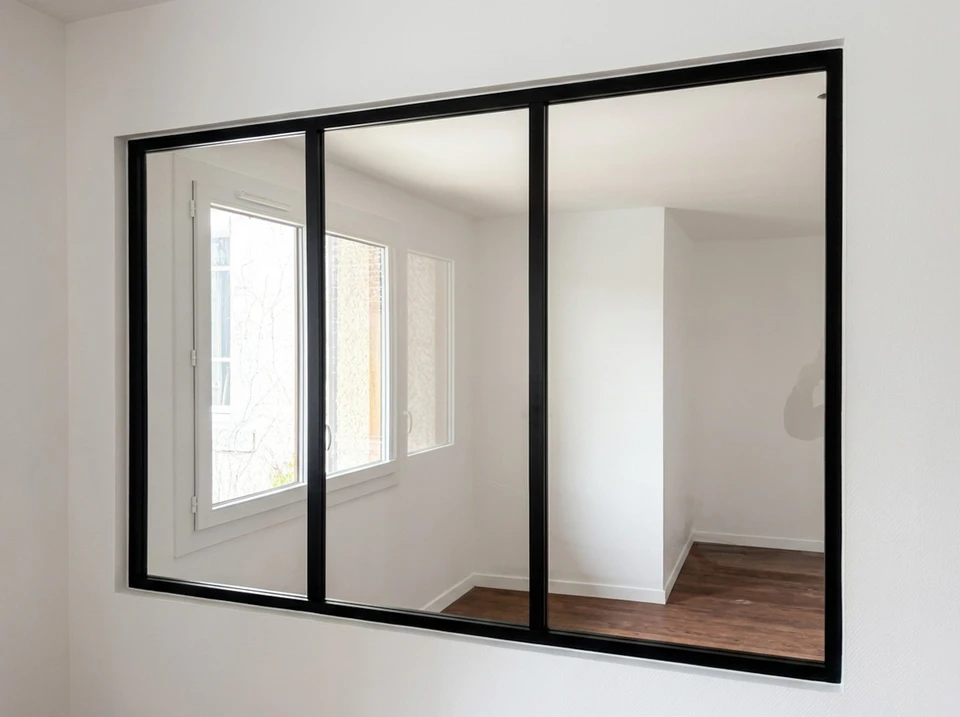Façade extérieure d'habitation avec fenêtre ouverte dévoilant un intérieur moderne et lumineux