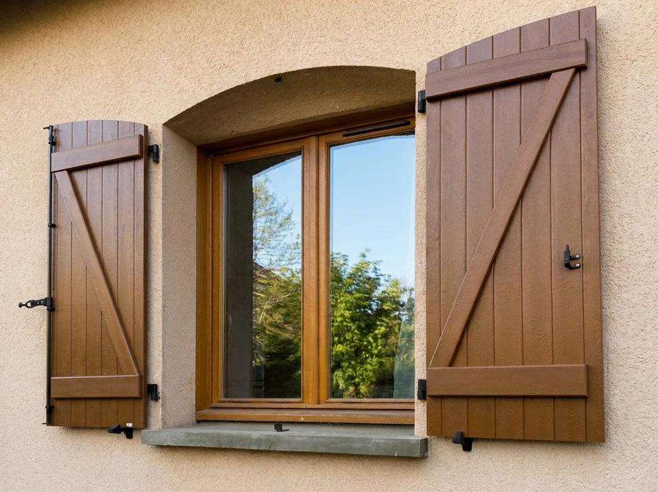 Façade extérieure résidentielle avec porte de garage double en bois naturel