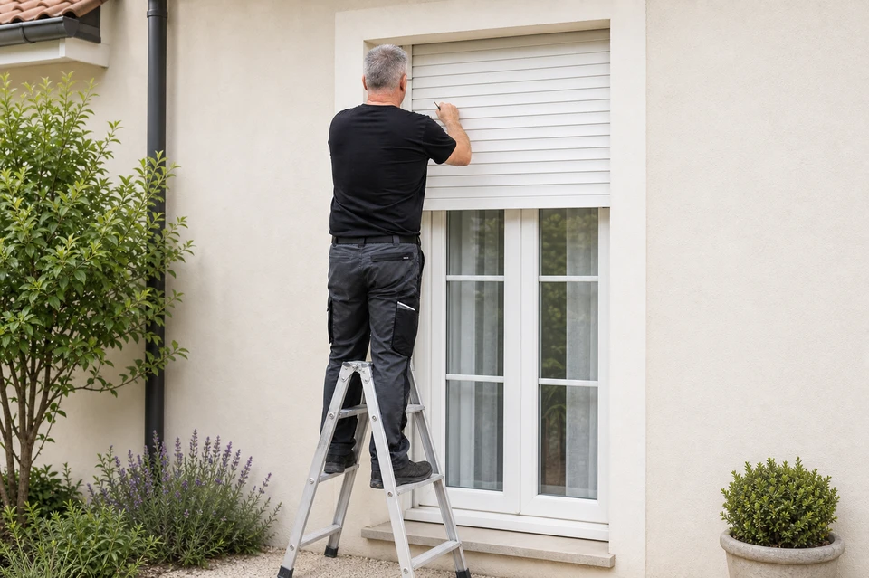 Un homme d'âge mûr installe des volets roulants sur une façade commerciale, perché sur un escabeau aluminium