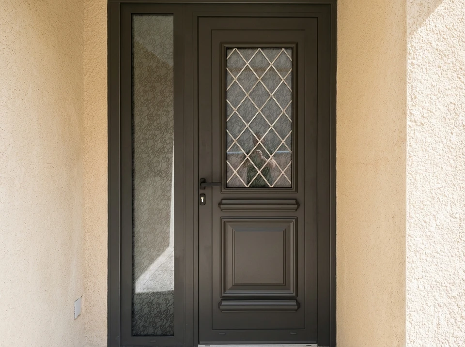 Photographie d'une élégante porte d'entrée contemporaine en aluminium, vue de face, intégrée à la façade d'une maison moderne. La porte présente des finitions soignées, un design épuré avec un jeu de lignes géométriques, et un coloris gris anthracite ou noir brillant. La poignée et les détails de quincaillerie sont visibles et reflètent la qualité et la robustesse du matériau. L'encadrement montre la précision d'ajustement. La lumière naturelle met en valeur la brillance de l'aluminium et le contraste avec l'environnement architectural résidentiel. Aucun texte, logo ou filigrane visible. Photo de qualité professionnelle.